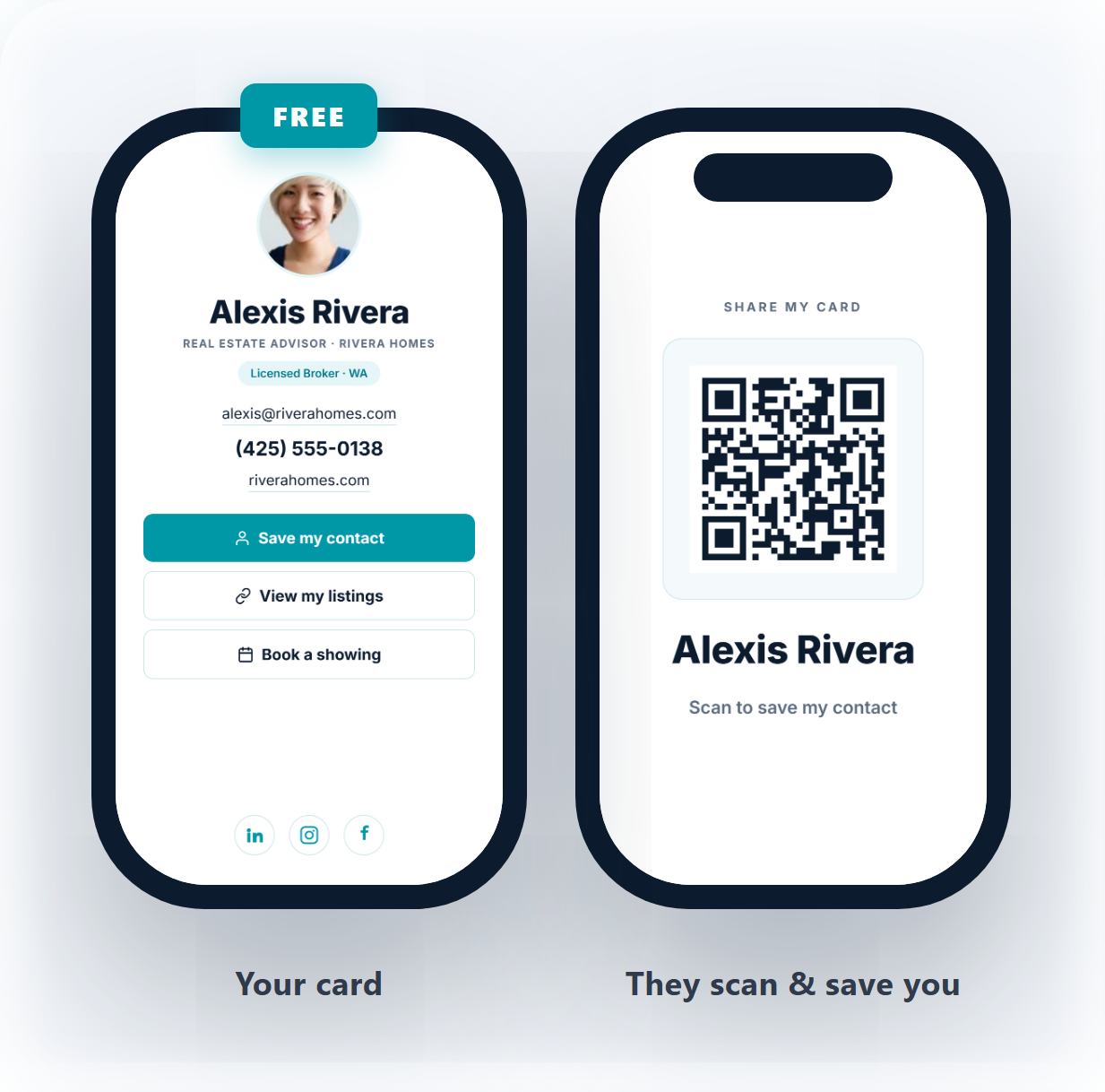 A StratosReach digital business card and its scan-to-save QR code